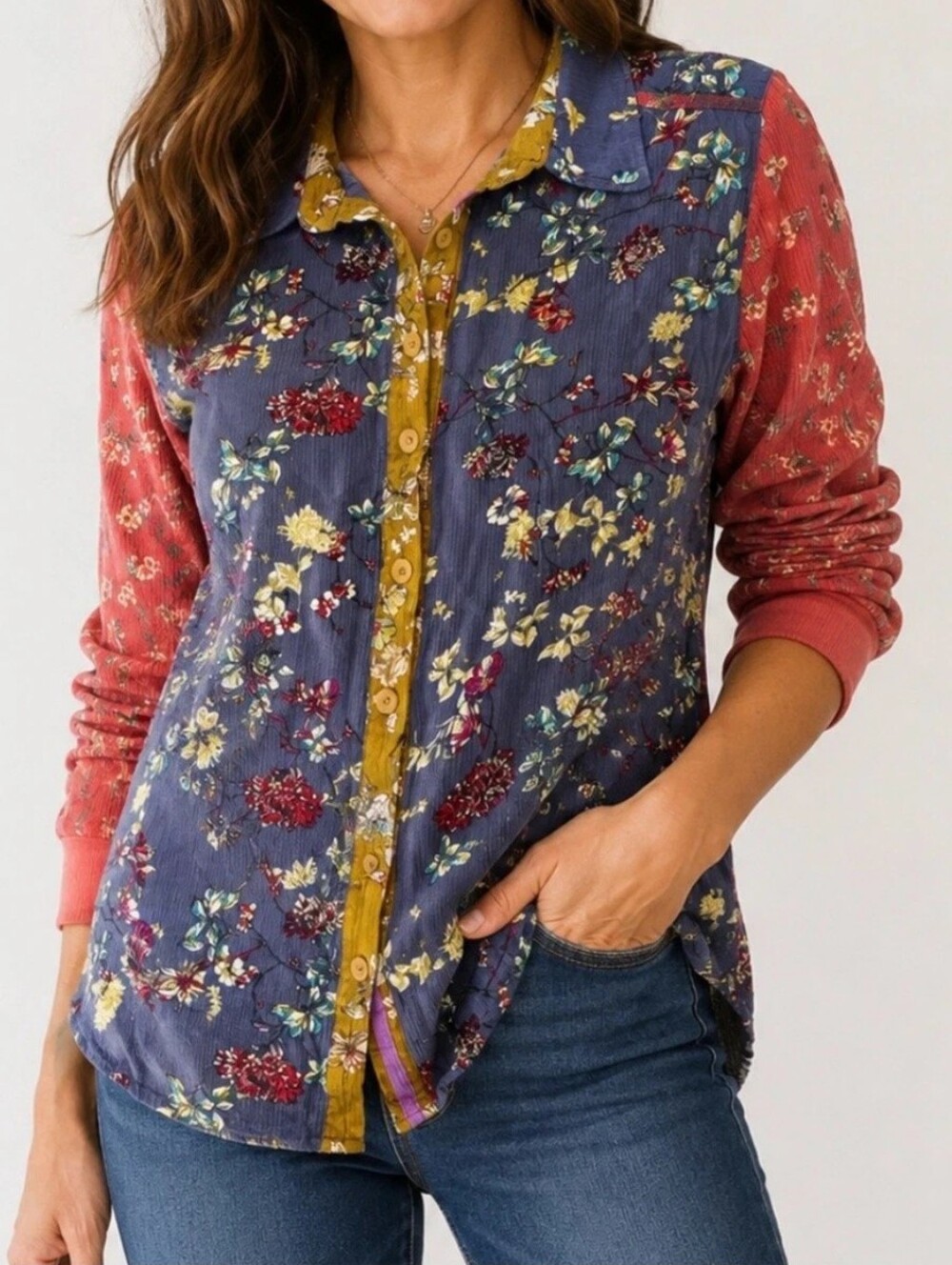 Tru Luxe Jeans Navy Floral Button-Down with Mustard Trim and Rose Sleeves